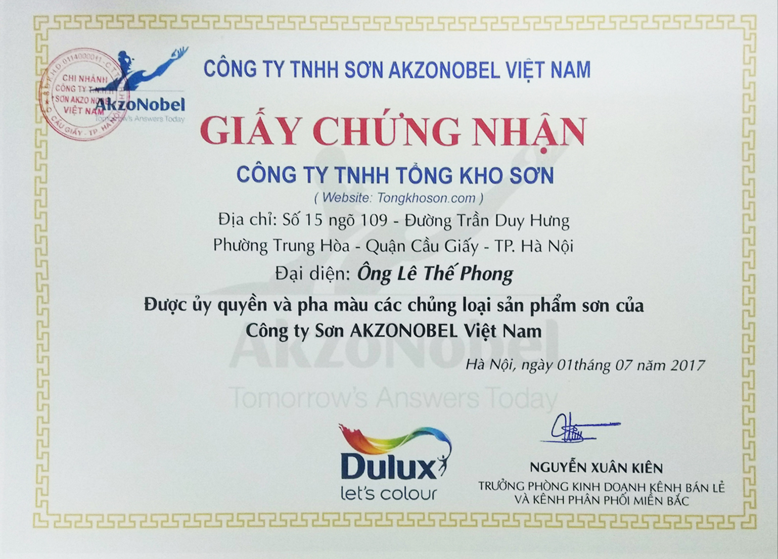 Giay chung nhan Dulux