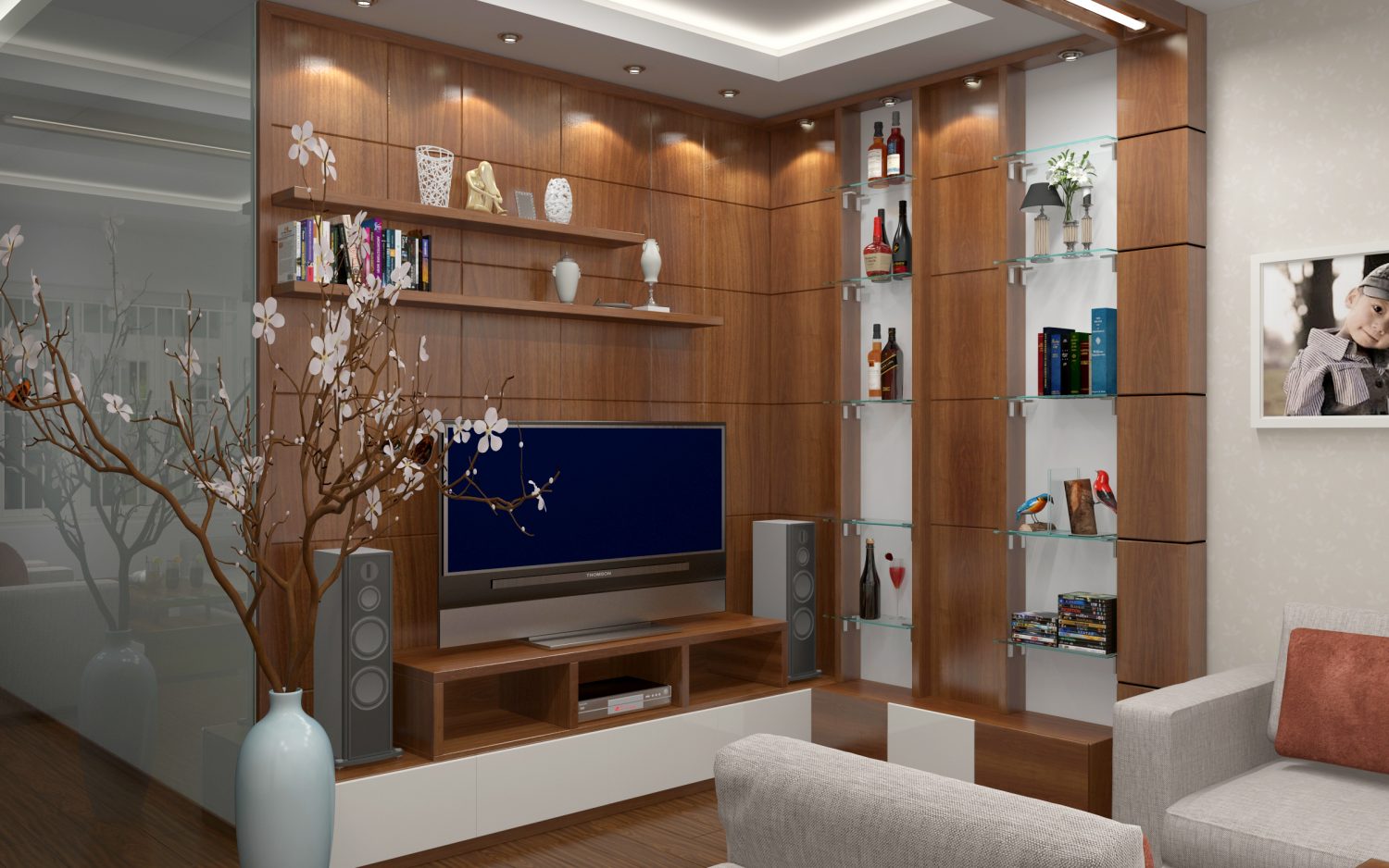 Trang trí phòng khách đón Tết bằng các kệ gỗ